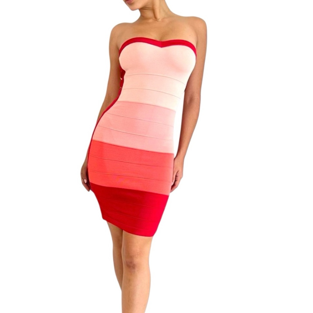 Y2K Bebe Bandage Strapless Colorblock Mini Dress Pink Red Coral Peach Cocktail